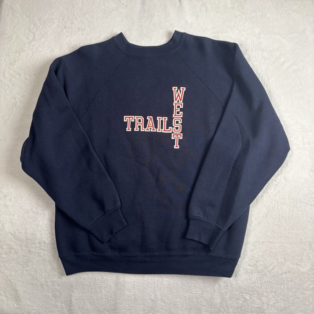 VTG 80's Discus Athletic West Trails Blue Pullover LS Fleece Sweatshirt Men's L